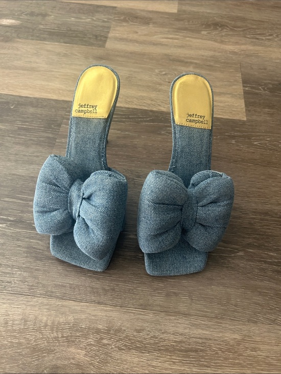 Jeffrey Campbell Shoes - Jeffrey Campbell Denim Bow Slide Sandals - Blue with Yellow Insole